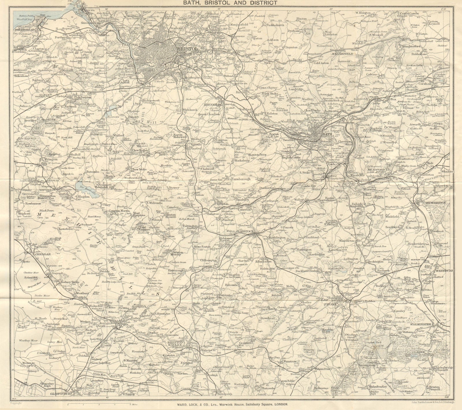 BATH & BRISTOL environs. Mendips/Cotswolds. Frome Wells Shepton Mallet 1935 map